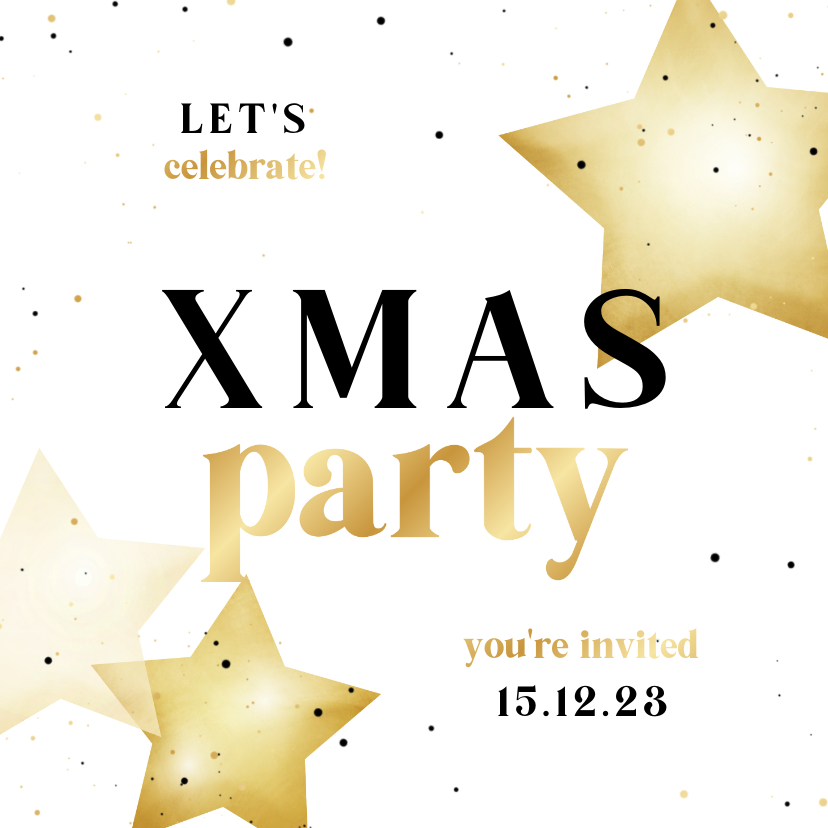 Uitnodiging xmas party internationaal met sterren en goud - Zakelijke kerstkaarten Zakelijke kerstkaarten - Uitnodiging xmas party internationaal met sterren en goud