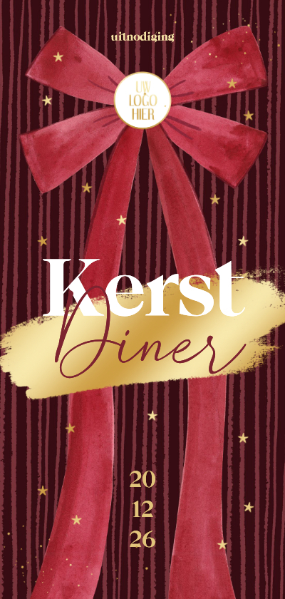 Uitnodiging zakelijk kerstdiner grote strik strepen goud - Zakelijke kerstkaarten Zakelijke kerstkaarten - Uitnodiging zakelijk kerstdiner grote strik strepen goud