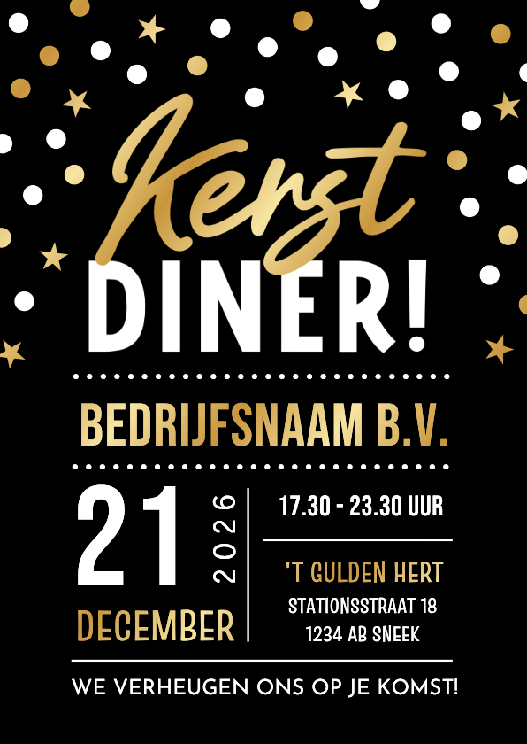 Zakelijke kerstkaarten - Uitnodiging zakelijk kerstdiner met confetti in goudfolie
