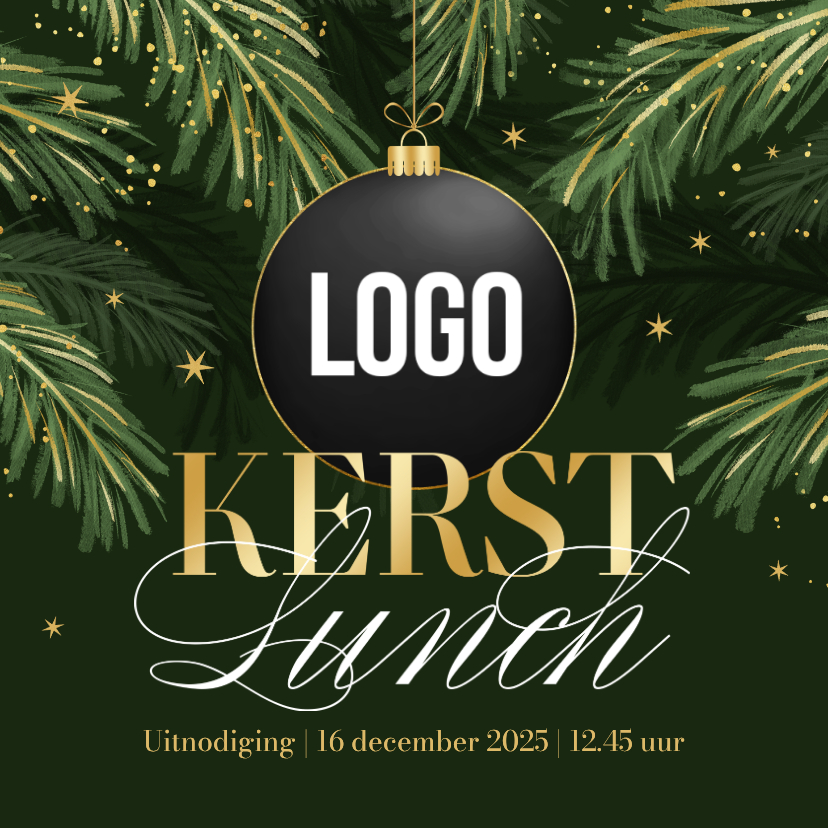 Zakelijke kerstkaarten - Uitnodiging zakelijke kerstlunch goud sterren dennentakjes