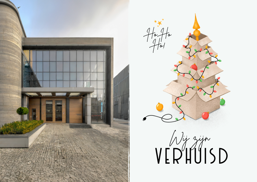 Zakelijke kerstkaarten - Verhuiskaart zakelijk foto kerst verhuisdozen kerstboom