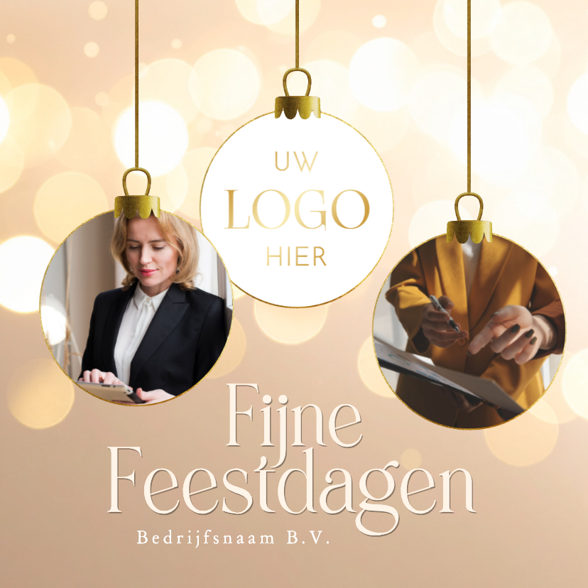 Zakelijk beige kerstkaart met foto's glitters en kerstballen - Zakelijke kerstkaarten Zakelijke kerstkaarten - Zakelijk beige kerstkaart met foto's glitters en kerstballen