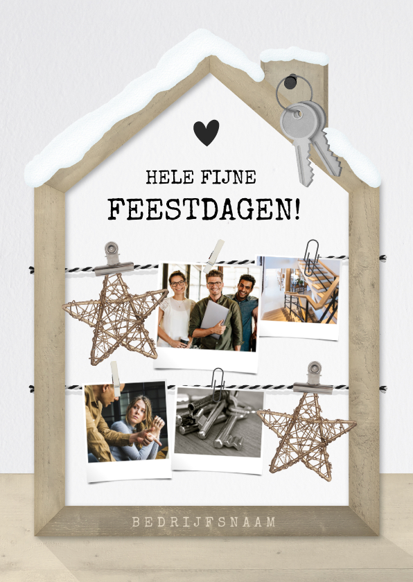 Zakelijke kerstkaarten - Zakelijke fotocollage kerstkaart met houten huisje 