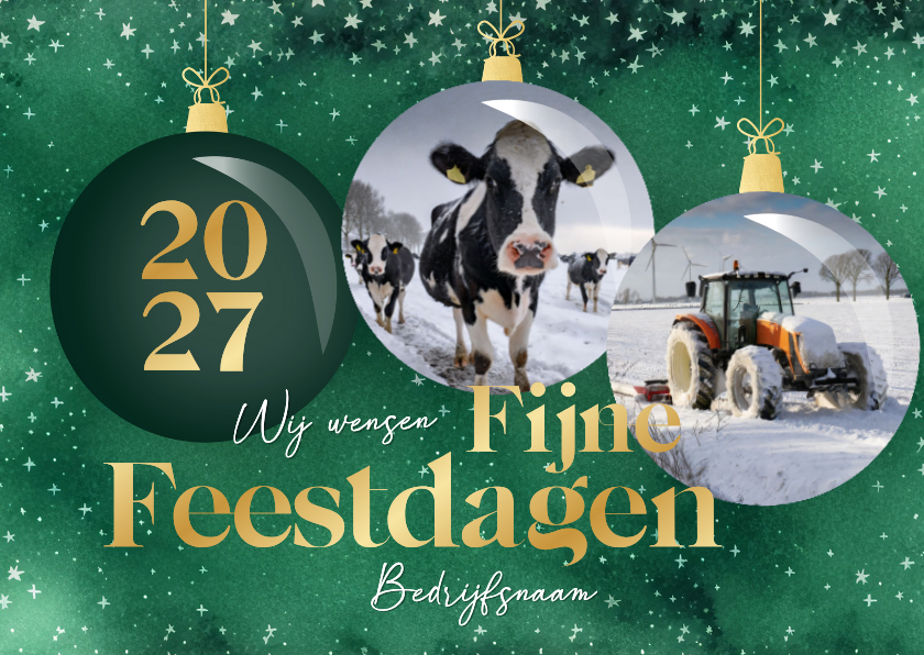 Zakelijke groene kerstkaart met fotos kerstballen en sterren - Zakelijke kerstkaarten Zakelijke kerstkaarten - Zakelijke groene kerstkaart met fotos kerstballen en sterren