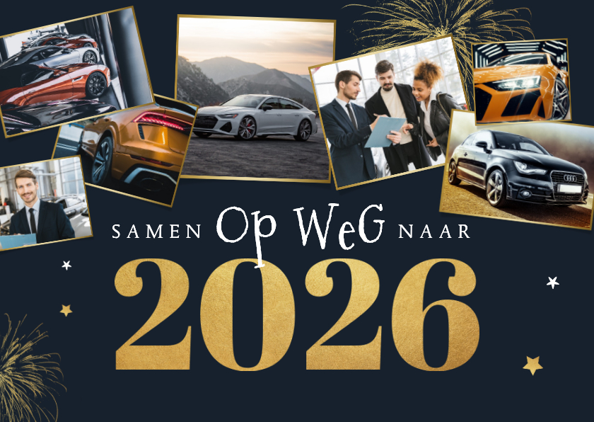 Zakelijke kerst- en nieuwjaarskaart auto fotocollage goud - Zakelijke kerstkaarten Zakelijke kerstkaarten - Zakelijke kerst- en nieuwjaarskaart auto fotocollage goud
