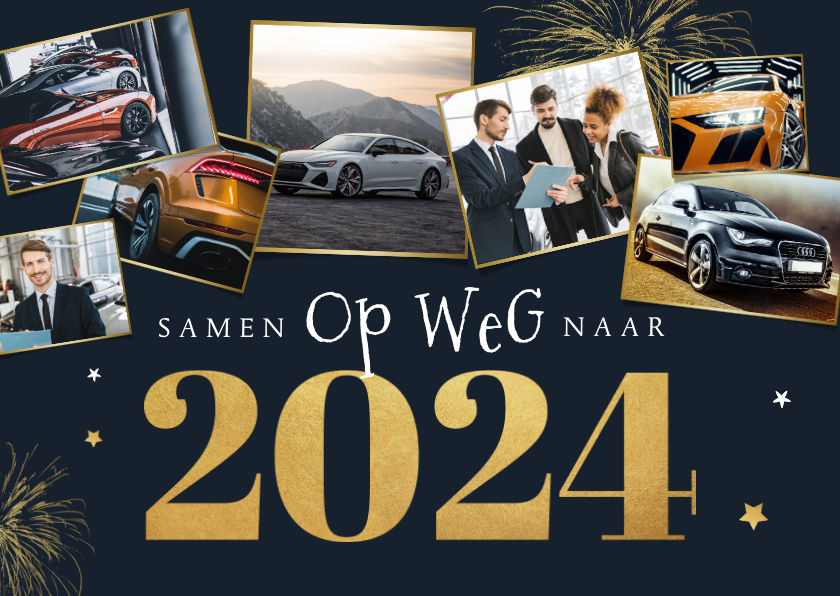 Zakelijke kerstkaarten - Zakelijke kerst- en nieuwjaarskaart auto fotocollage goud