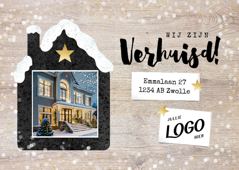 Zakelijke kerst- verhuiskaart met huisje sneeuw en logo - Zakelijke kerstkaarten Zakelijke kerstkaarten - Zakelijke kerst- verhuiskaart met huisje sneeuw en logo