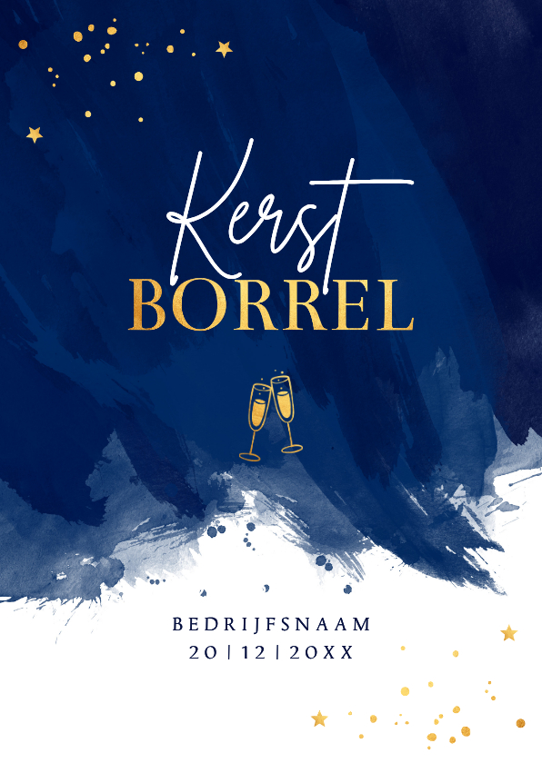 Zakelijke kerstborrel uitnodiging blauw waterverf goudlook - Zakelijke kerstkaarten Zakelijke kerstkaarten - Zakelijke kerstborrel uitnodiging blauw waterverf goudlook