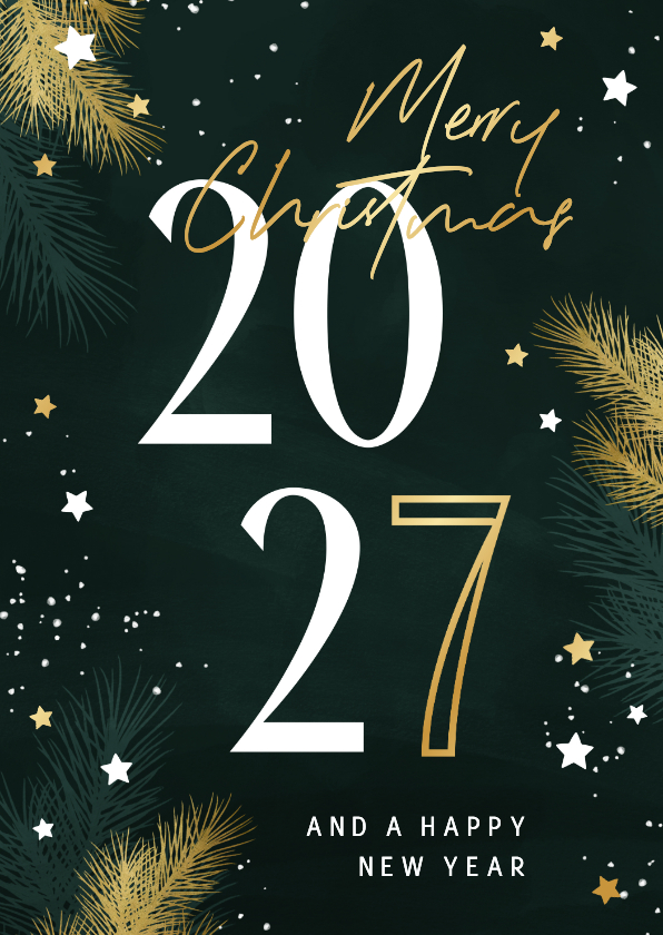 Zakelijke kerstkaarten - Zakelijke kerstkaart 2027 met kersttakjes en gouden sterren