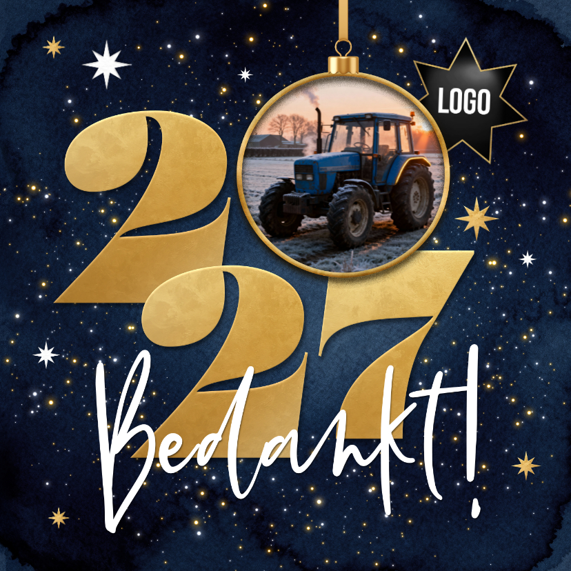 Zakelijke kerstkaarten - Zakelijke kerstkaart 2027 sterren goud foto logo bedankt