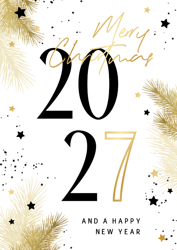 Zakelijke kerstkaarten - Zakelijke kerstkaart 2027 zwart-wit met takjes en sterren