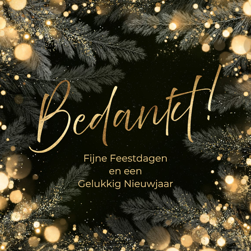 Zakelijke kerstkaarten - Zakelijke kerstkaart bedankt met gouden lichtjes en takken