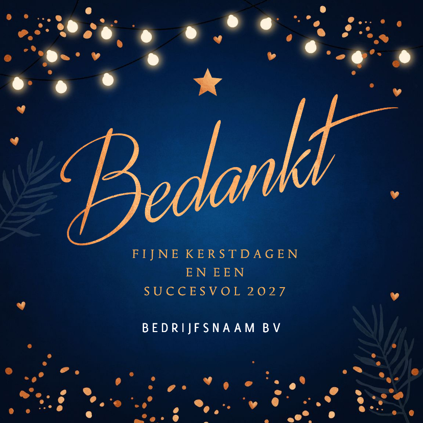Zakelijke kerstkaarten - Zakelijke kerstkaart blauw bedankt koperlook