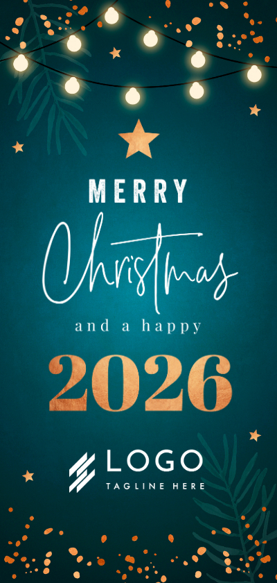 Zakelijke kerstkaarten - Zakelijke kerstkaart blauw jaartal 2026 lampjes koperlook