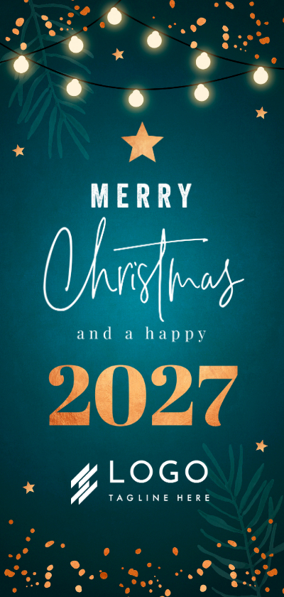 Zakelijke kerstkaart blauw jaartal 2027 lampjes koperlook - Zakelijke kerstkaarten Zakelijke kerstkaarten - Zakelijke kerstkaart blauw jaartal 2027 lampjes koperlook