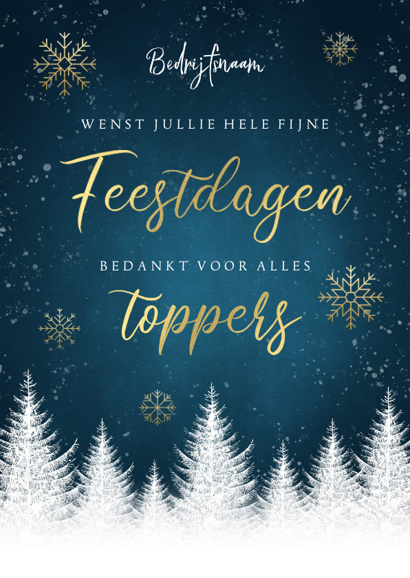 Zakelijke kerstkaart bomen, gouden typografie, sneeuwvlokken - Zakelijke kerstkaarten Zakelijke kerstkaarten - Zakelijke kerstkaart bomen, gouden typografie, sneeuwvlokken