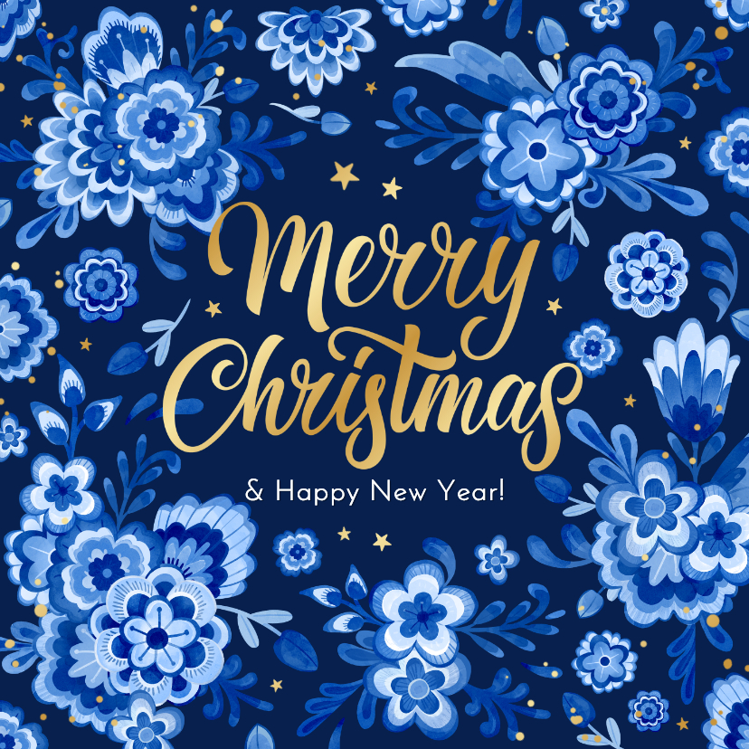 Zakelijke kerstkaarten - Zakelijke kerstkaart delfts blauw bloemen sprankelend goud