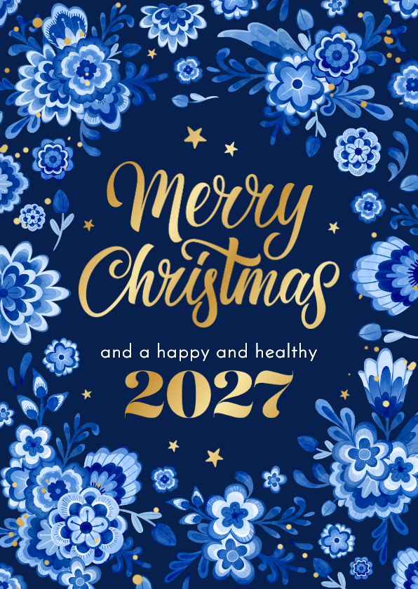 Zakelijke kerstkaarten - Zakelijke kerstkaart delfts blauw stijlvol bloemen goud 2027