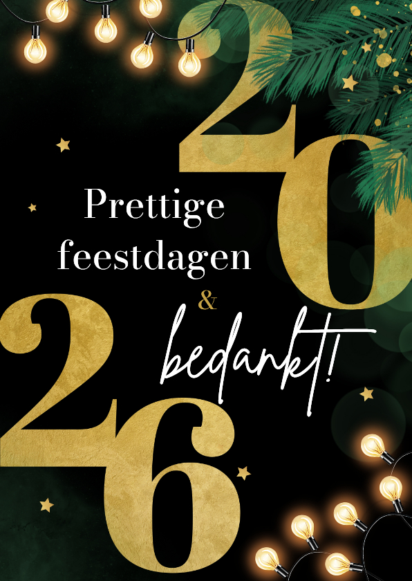 Zakelijke kerstkaarten - Zakelijke kerstkaart dennentakjes goud sterren 2026