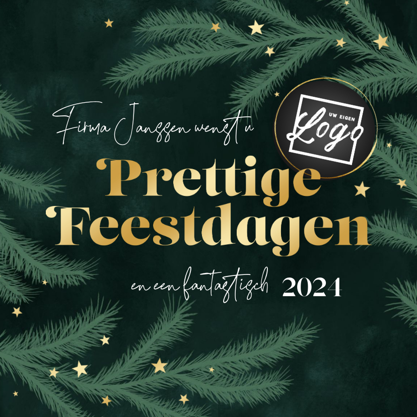 Zakelijke kerstkaart dennentakjes groen goud sterren logo - Zakelijke kerstkaarten Zakelijke kerstkaarten - Zakelijke kerstkaart dennentakjes groen goud sterren logo