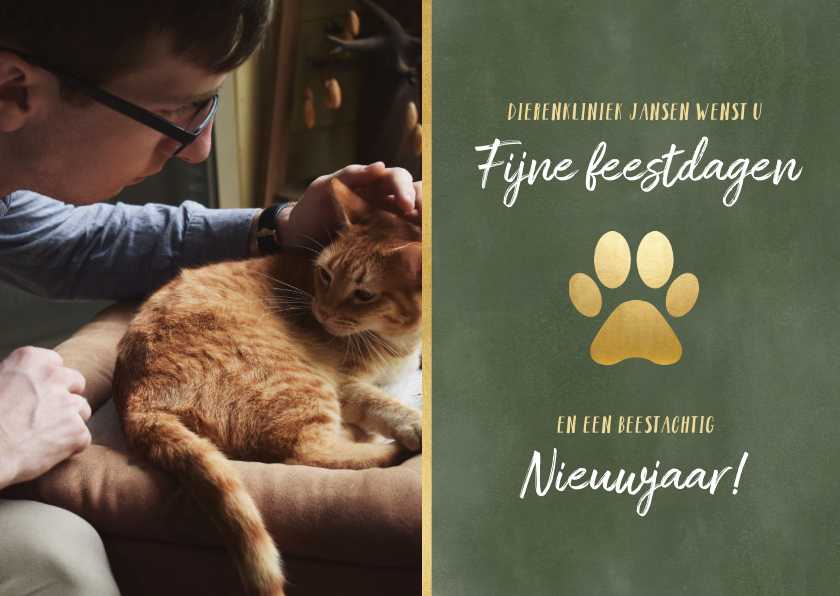 Zakelijke kerstkaart dierenkliniek met gouden poot & foto - Zakelijke kerstkaarten Zakelijke kerstkaarten - Zakelijke kerstkaart dierenkliniek met gouden poot & foto