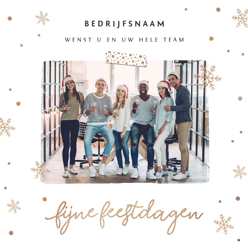 Zakelijke kerstkaart feestdagen goud sneeuwvlokken en foto - Zakelijke kerstkaarten Zakelijke kerstkaarten - Zakelijke kerstkaart feestdagen goud sneeuwvlokken en foto