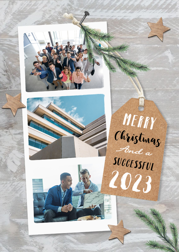 Zakelijke kerstkaart fotocollage hout label sterren - Zakelijke kerstkaarten Zakelijke kerstkaarten - Zakelijke kerstkaart fotocollage hout label sterren