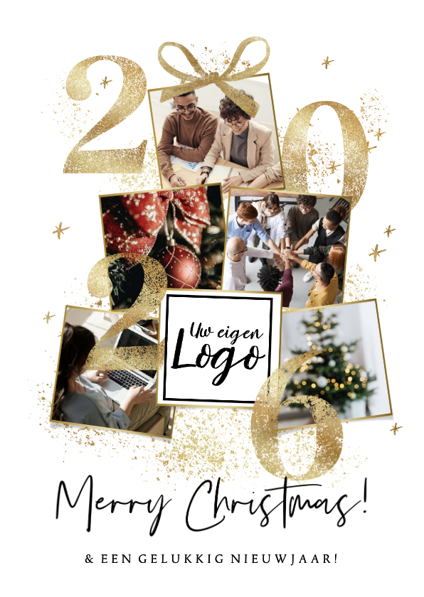 Zakelijke kerstkaarten - Zakelijke kerstkaart fotocollage kerstboom goudlook 2026