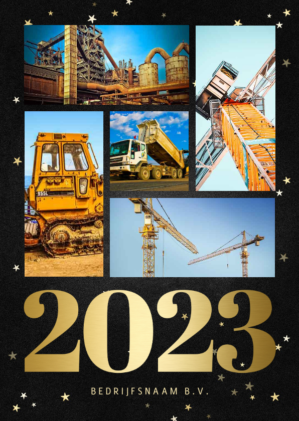Zakelijke kerstkaart fotocollage met gouden 2023 en sterren - Zakelijke kerstkaarten Zakelijke kerstkaarten - Zakelijke kerstkaart fotocollage met gouden 2023 en sterren