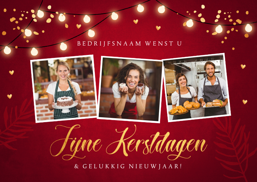 Zakelijke kerstkaart fotocollage rood lampjes goudlook - Zakelijke kerstkaarten Zakelijke kerstkaarten - Zakelijke kerstkaart fotocollage rood lampjes goudlook