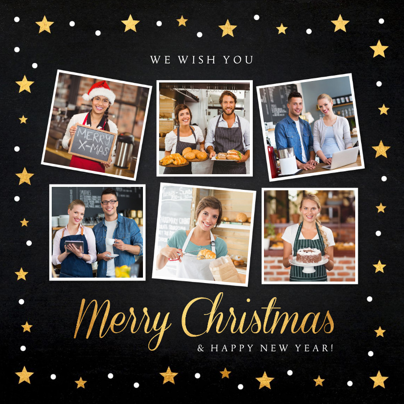 Zakelijke kerstkaart fotocollage zwart goudlook sterren - Zakelijke kerstkaarten Zakelijke kerstkaarten - Zakelijke kerstkaart fotocollage zwart goudlook sterren