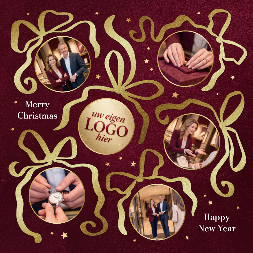 Zakelijke kerstkaarten - Zakelijke kerstkaart goud strikjes fotocollage sterren rood