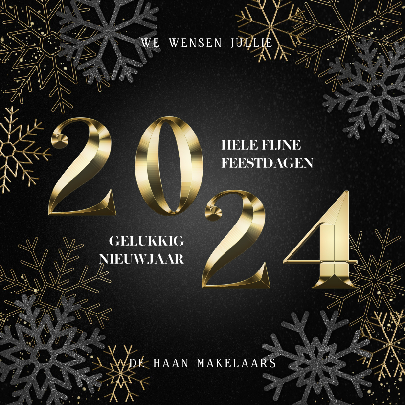 Zakelijke kerstkaart gouden 2024& sneeuwvlokken Kaartje2go