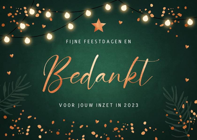 Zakelijke kerstkaart groen confetti koperlook lampjes - Zakelijke kerstkaarten Zakelijke kerstkaarten - Zakelijke kerstkaart groen confetti koperlook lampjes