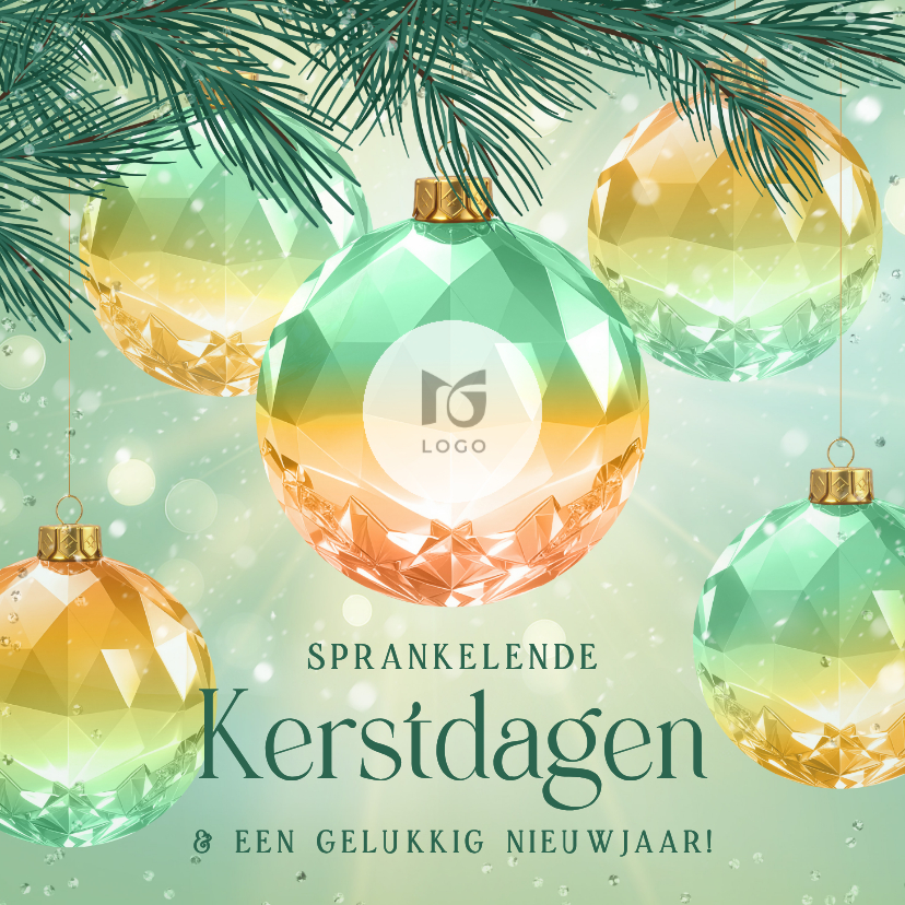 Zakelijke kerstkaarten - Zakelijke kerstkaart groen gekleurde kristallen kerstballen