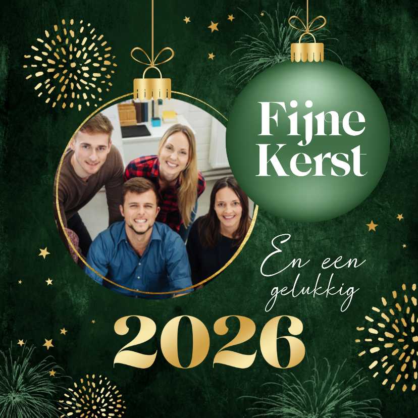 Zakelijke kerstkaarten - Zakelijke kerstkaart groen kerstballen goud foto sterren