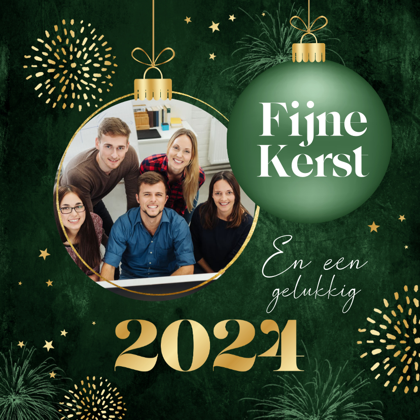 Zakelijke kerstkaarten - Zakelijke kerstkaart groen kerstballen goud foto sterren