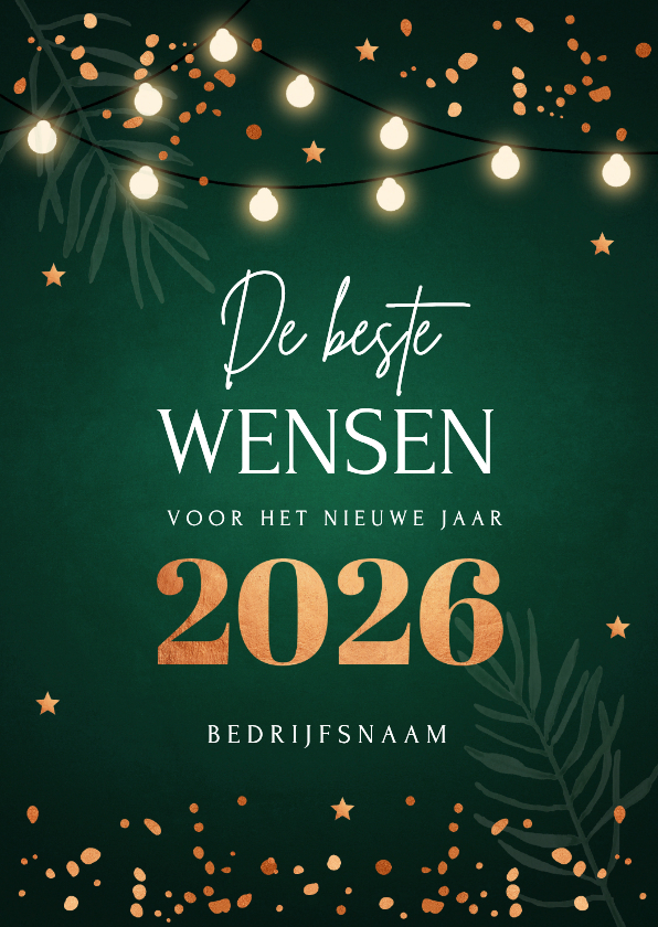 Zakelijke kerstkaart groen lampjes 2026 koperlook - Zakelijke kerstkaarten Zakelijke kerstkaarten - Zakelijke kerstkaart groen lampjes 2026 koperlook