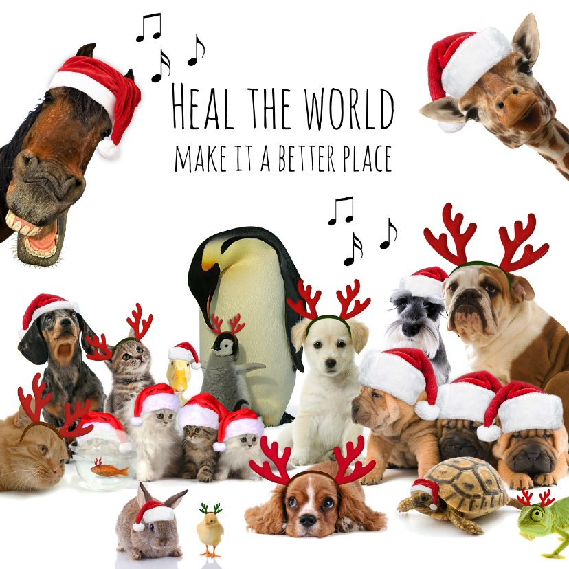 Zakelijke kerstkaarten - Zakelijke kerstkaart 'heal the world' diverse dieren