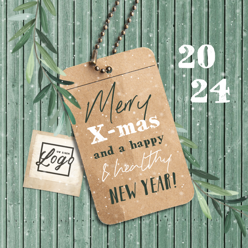 Zakelijke kerstkaart hout label sneeuw groen takje logo - Zakelijke kerstkaarten Zakelijke kerstkaarten - Zakelijke kerstkaart hout label sneeuw groen takje logo