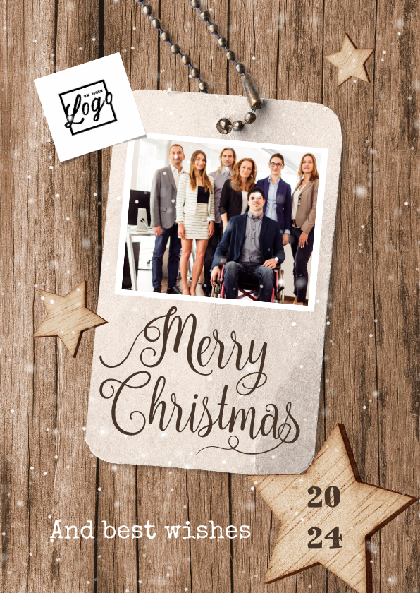 Zakelijke kerstkaart houtlook label sterren foto logo - Zakelijke kerstkaarten Zakelijke kerstkaarten - Zakelijke kerstkaart houtlook label sterren foto logo