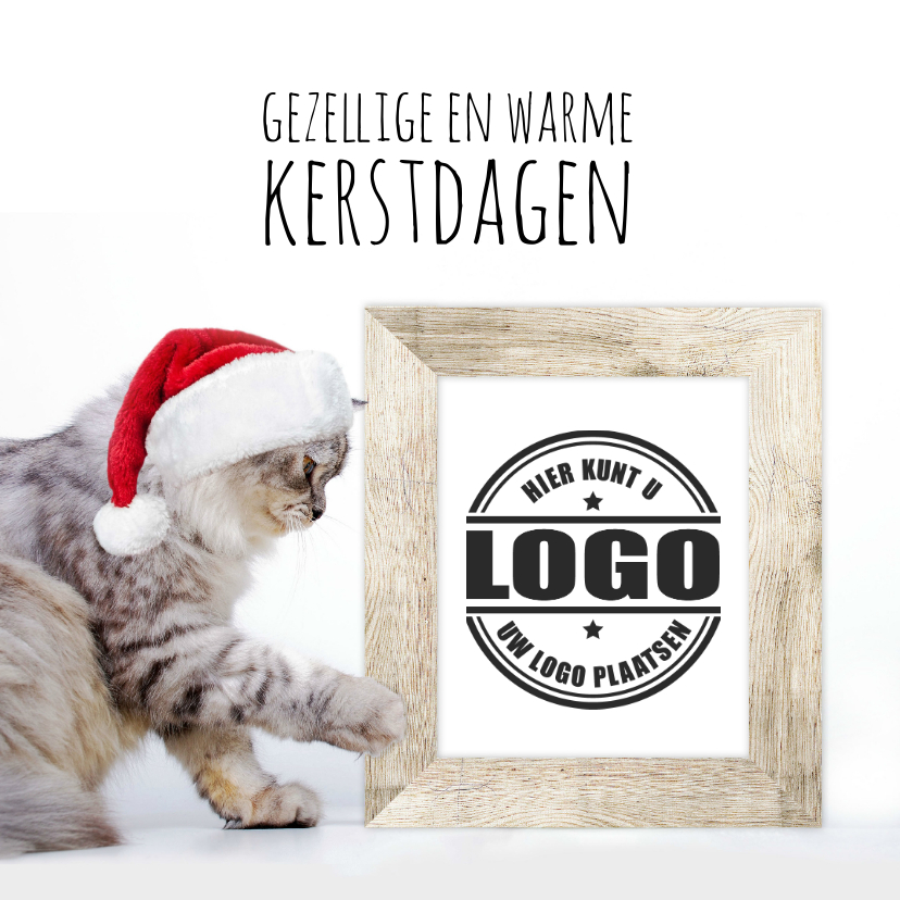 Zakelijke kerstkaart kat met kerstmuts en fotolijst logo - Zakelijke kerstkaarten Zakelijke kerstkaarten - Zakelijke kerstkaart kat met kerstmuts en fotolijst logo