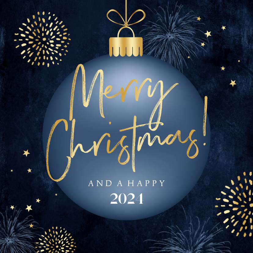 Zakelijke kerstkaart kerstbal buurwerk sterren goud blauw - Zakelijke kerstkaarten Zakelijke kerstkaarten - Zakelijke kerstkaart kerstbal buurwerk sterren goud blauw