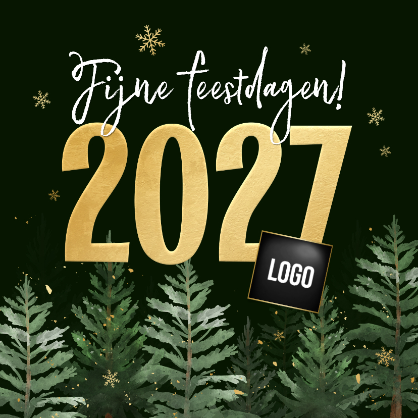 Zakelijke kerstkaart kerstbomen goud 2027 jaartal sneeuw - Zakelijke kerstkaarten Zakelijke kerstkaarten - Zakelijke kerstkaart kerstbomen goud 2027 jaartal sneeuw