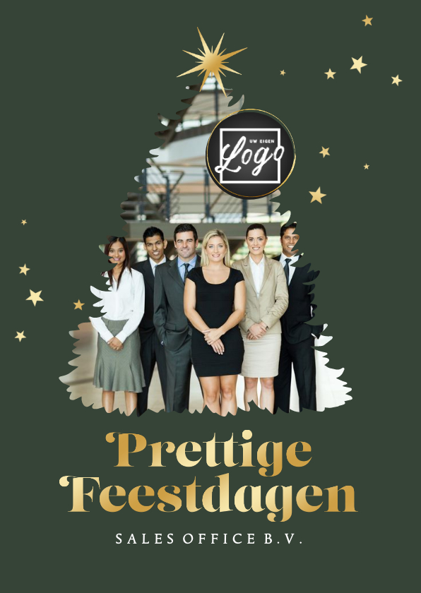 Zakelijke kerstkaart kerstboom foto gouden sterren logo - Zakelijke kerstkaarten Zakelijke kerstkaarten - Zakelijke kerstkaart kerstboom foto gouden sterren logo