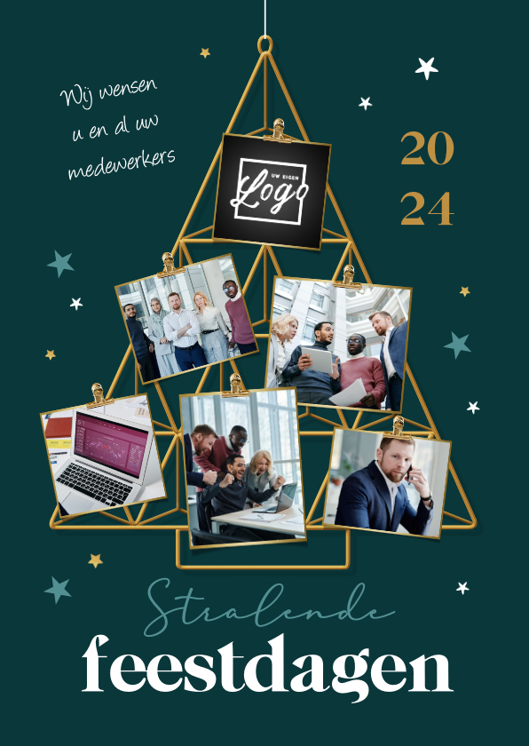 Zakelijke kerstkaart kerstboom fotocollage logo sterren goud - Zakelijke kerstkaarten Zakelijke kerstkaarten - Zakelijke kerstkaart kerstboom fotocollage logo sterren goud