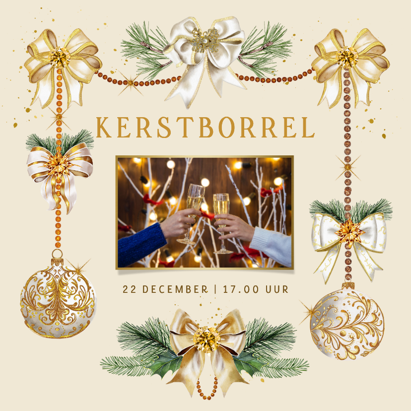 Zakelijke kerstkaarten - Zakelijke kerstkaart kerstborrel kerstballen met strikken