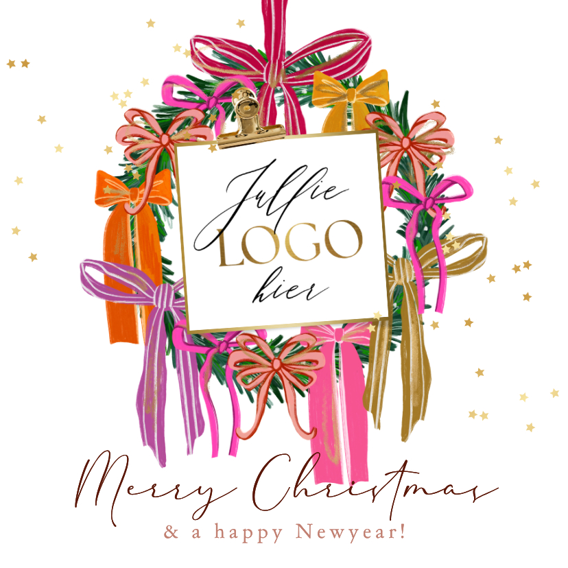 Zakelijke kerstkaart kerstkrans strikken logo sterren goud - Zakelijke kerstkaarten Zakelijke kerstkaarten - Zakelijke kerstkaart kerstkrans strikken logo sterren goud