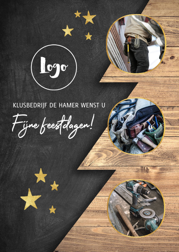 Zakelijke kerstkaart klusbedrijf houten kerstboom en foto's - Zakelijke kerstkaarten Zakelijke kerstkaarten - Zakelijke kerstkaart klusbedrijf houten kerstboom en foto's