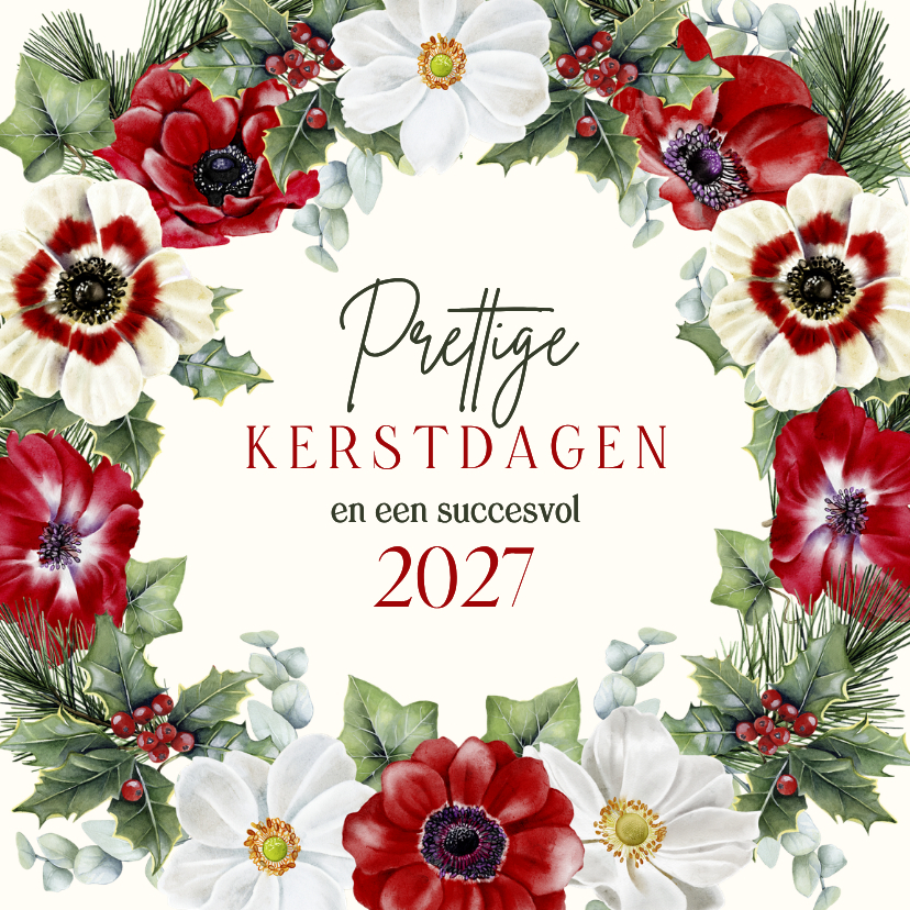Zakelijke kerstkaart krans anemonen dennentakken - Zakelijke kerstkaarten Zakelijke kerstkaarten - Zakelijke kerstkaart krans anemonen dennentakken